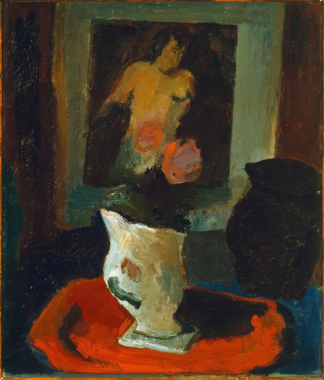 Akt, weiße Vase und roter Teppich von Marcel Poncet