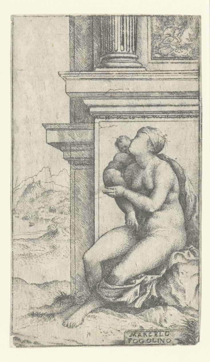 Frau mit Kind sitzt bei klassischem Gebäude von Marcello Fogolino