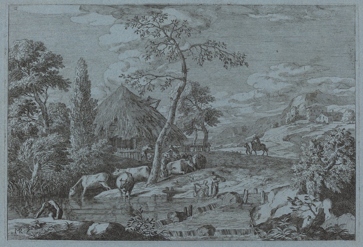 Vieh und Figuren an einem Bauernhofbach von Marco Ricci