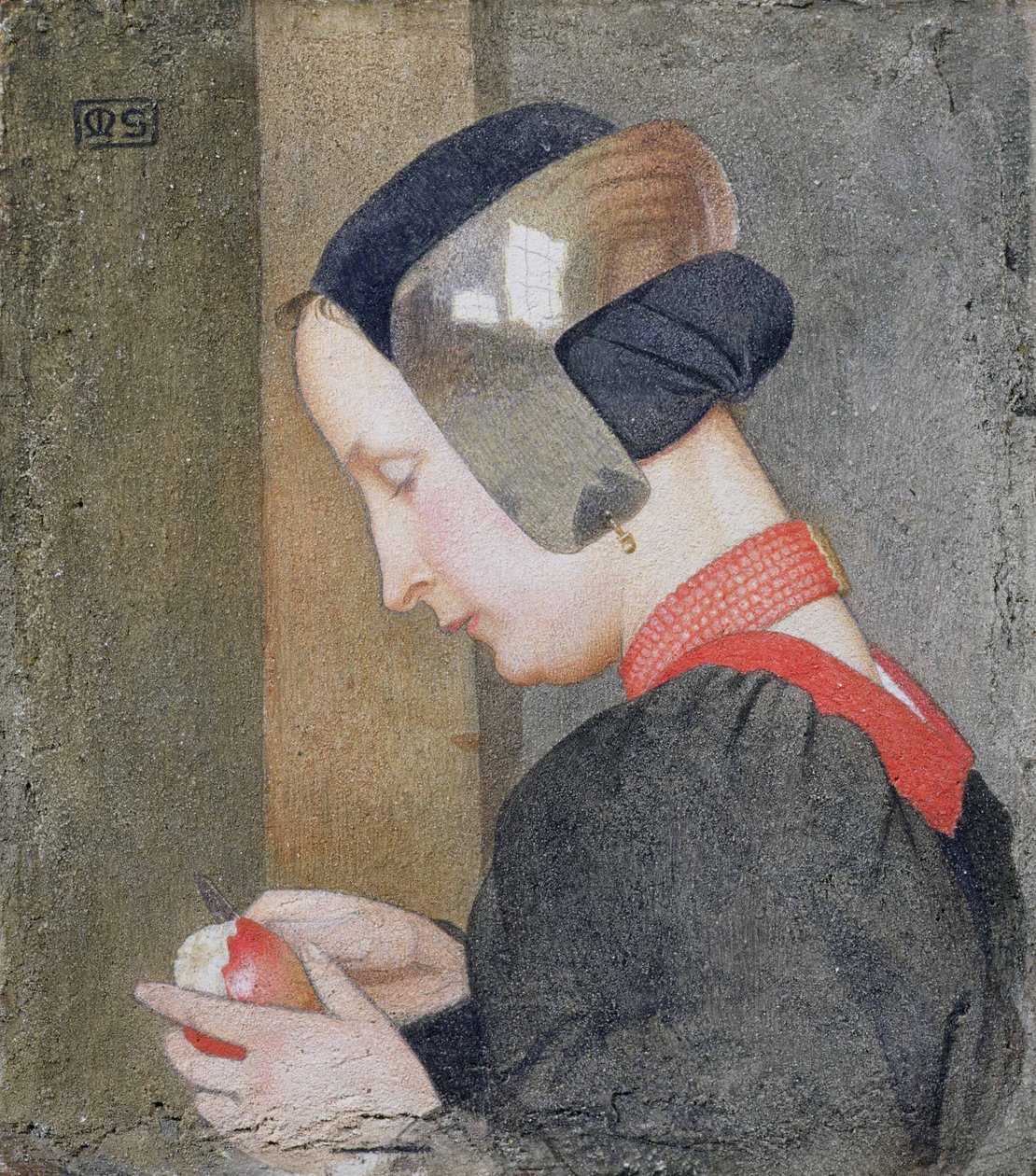 Porträt einer Dame, die einen Apfel schält von Marianne Stokes