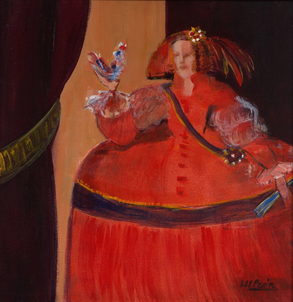 Menina in Rot mit kleinem Hahn von Marisa Leon
