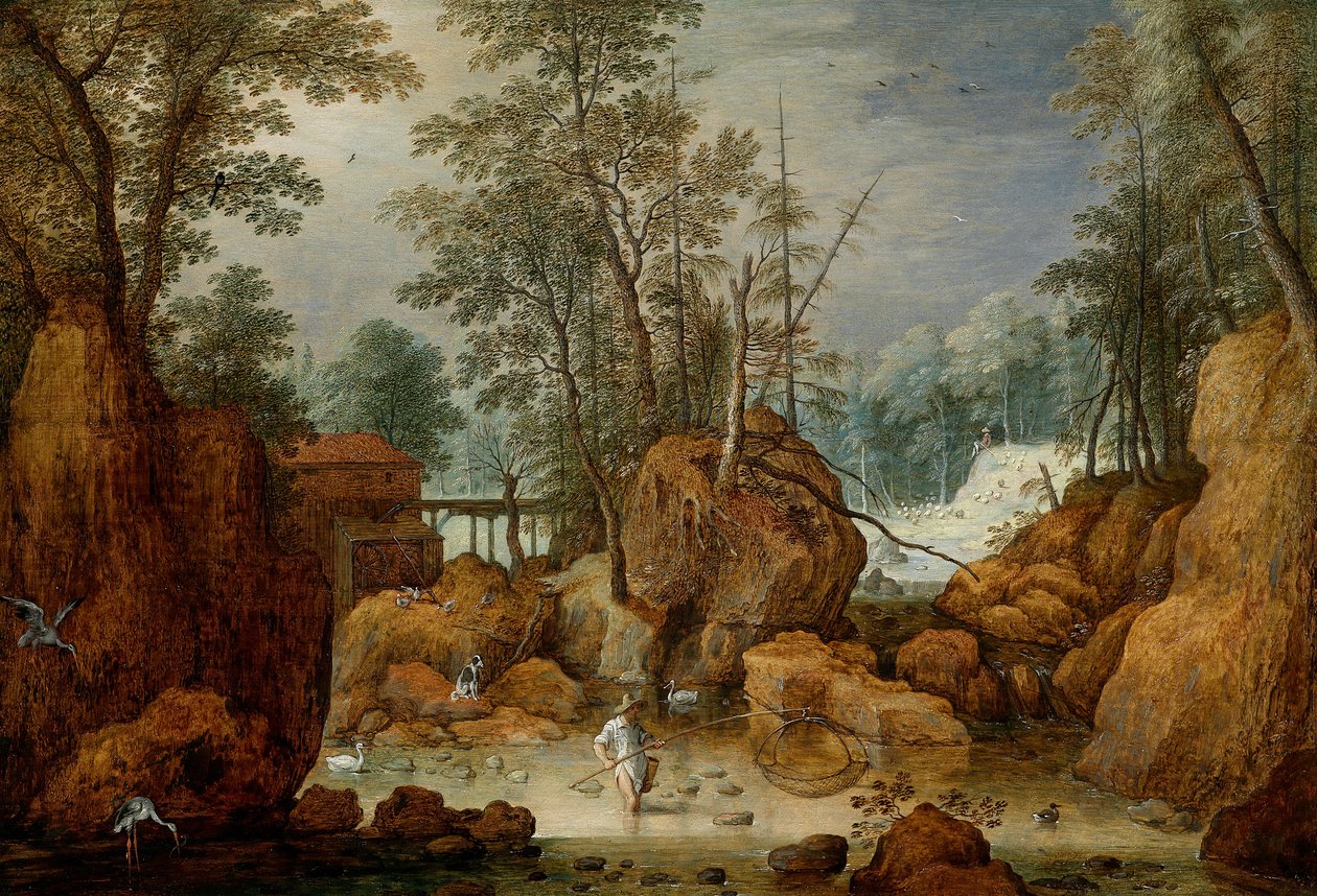 Ein Fischer in einem Fluss in einer bewaldeten Landschaft von Marten Ryckaert