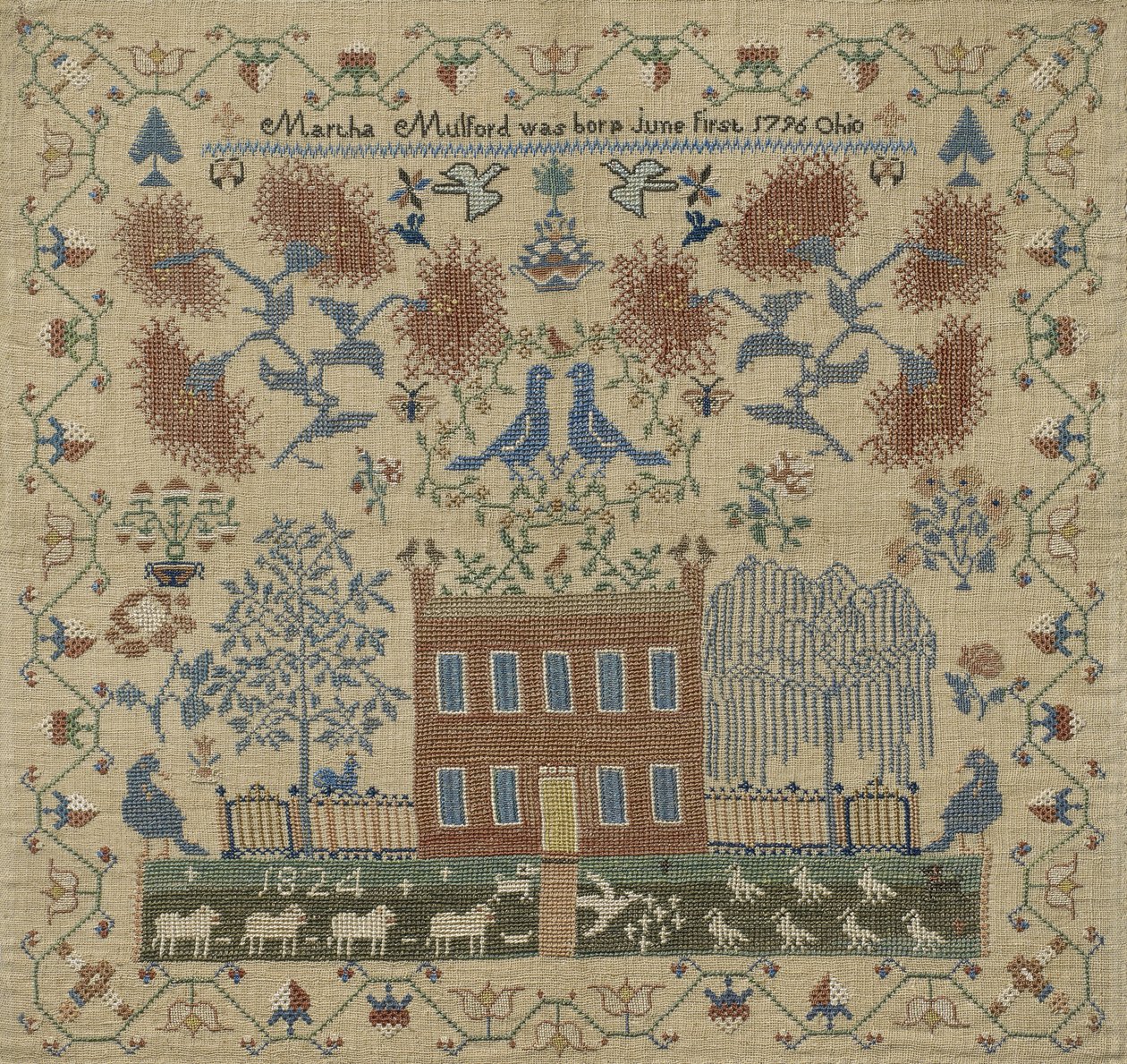 Stickmustertuch, 1824 von Martha Mulford