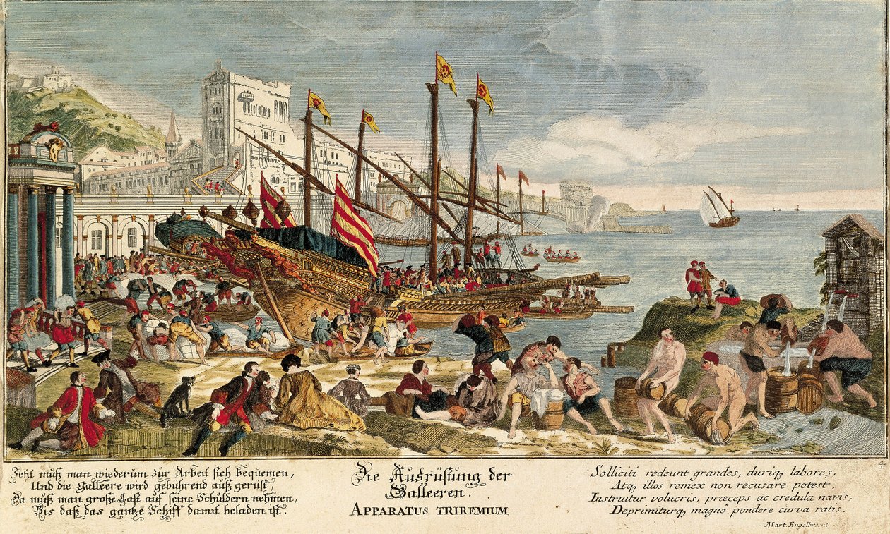 Waren in eine Galeere geladen (Farbstich) von Martin Engelbrecht