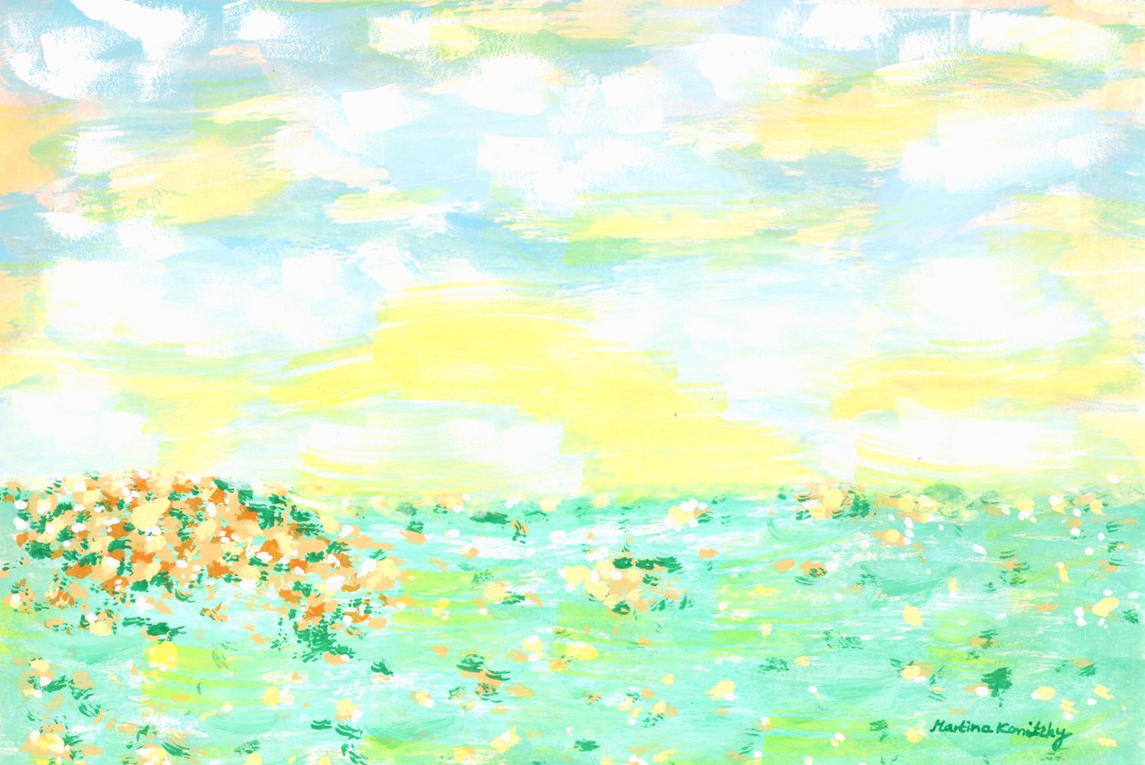 Blumenwiese und Wolkenhimmel Gelb Apricot von Martina Konitzky