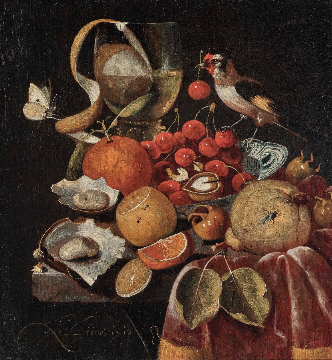 Stillleben mit Früchten und einem Stieglitz von Martinus Nellius