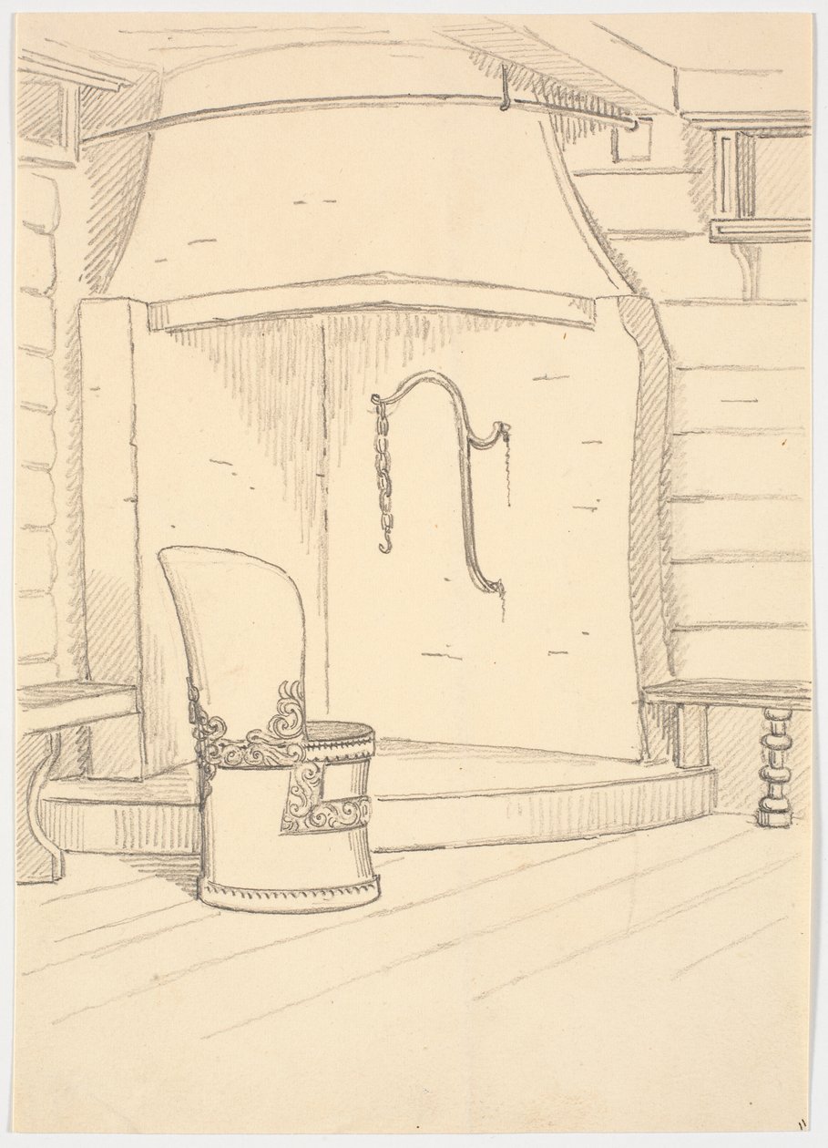 Kamin und runder Holzstuhl mit Rückenlehne von Martinus Rørbye