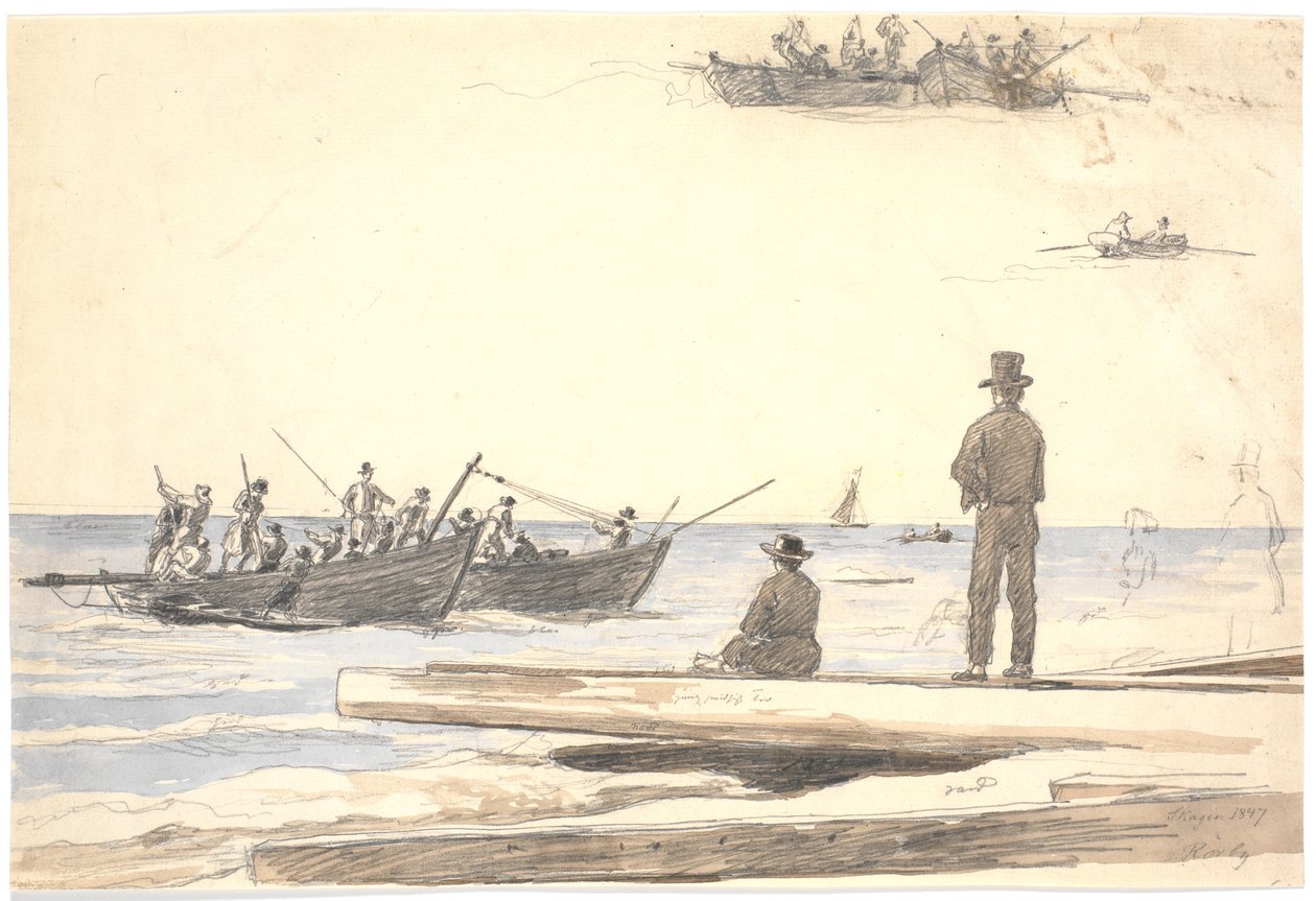 Zwei Fischerboote segeln auf den Strand von Skagen zu von Martinus Rørbye