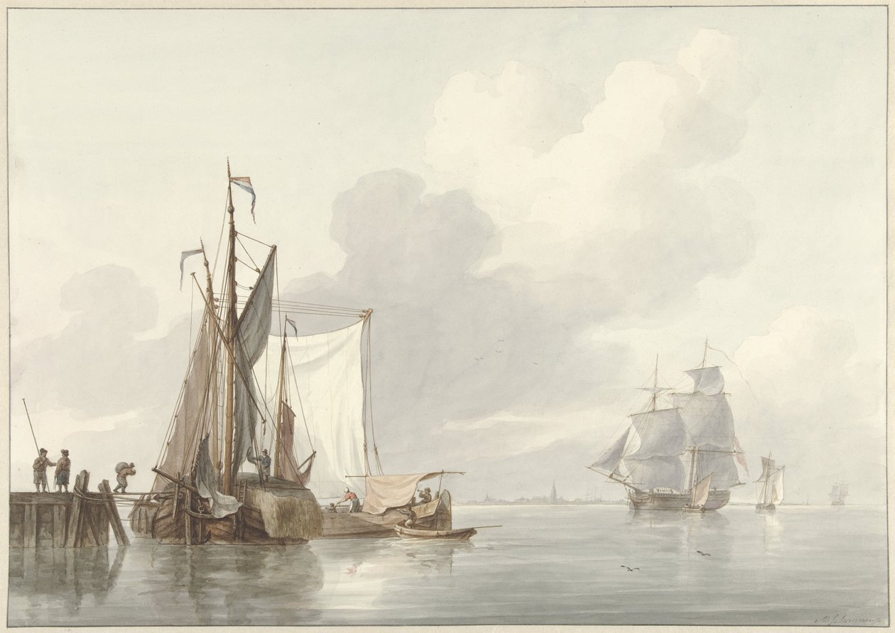 Flussansicht mit vertäuten Schiffen von Martinus Schouman