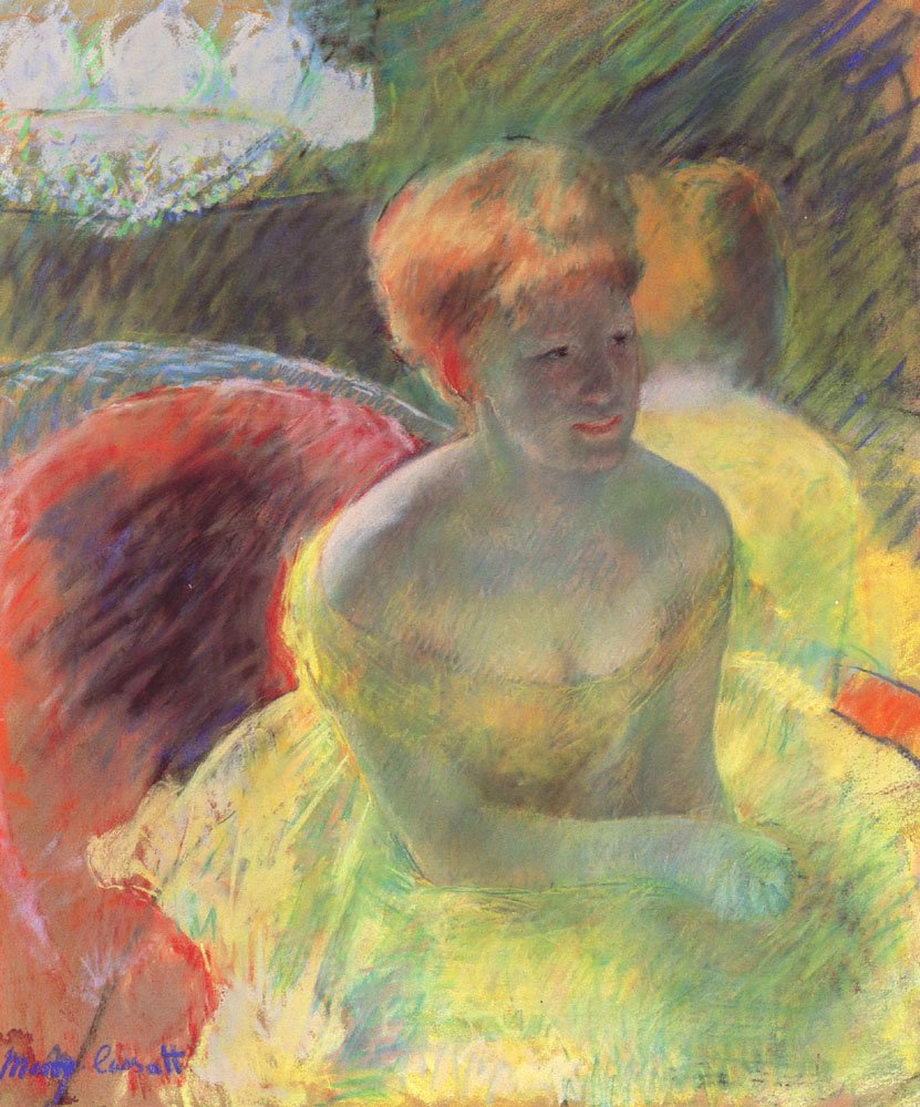 Lydia lehnt sich in einer Theaterloge auf ihre Arme von Mary Cassatt