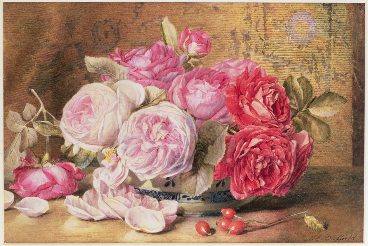 Rosa und rote Rosen in einer Schale von Mary Elizabeth Duffield