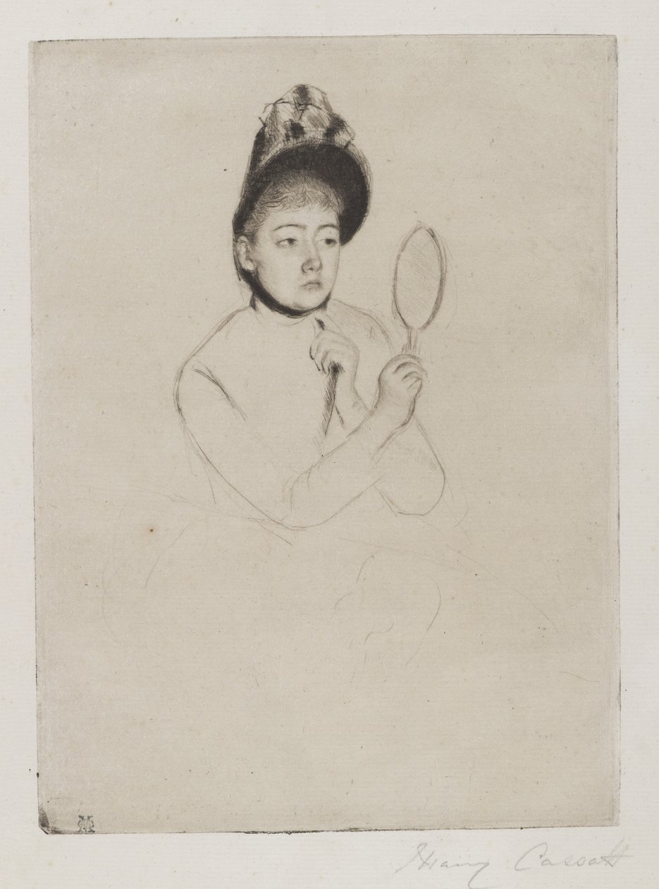 Frau am Spiegel (Das Bonnet), ca. 1891 von Mary Cassatt