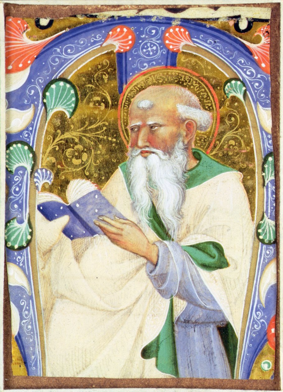 Historisierte Initiale M, die einen bärtigen Heiligen mit einem Buch zeigt von Master of San Michele of Murano