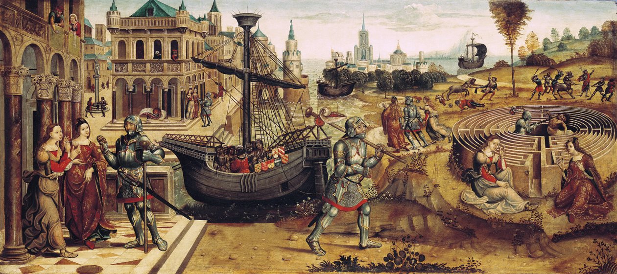 Theseus und der Minotaurus, aus der Geschichte von Theseus von Master of the Campana Cassoni