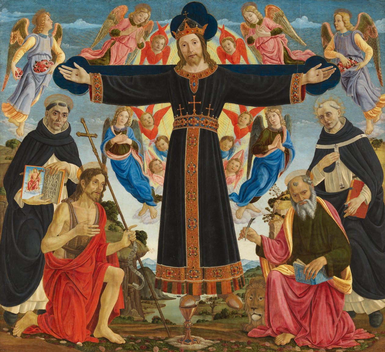 Christus am Kreuz mit den Heiligen Vincent Ferrer, Johannes dem Täufer, Markus und Antonius, um 1491-5 von Master of the Fiesole Epiphany