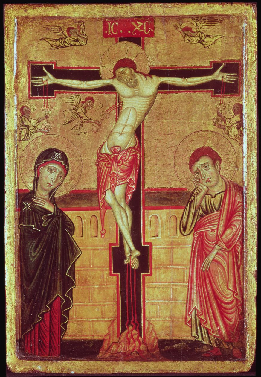 Christus am Kreuz, mit der Jungfrau Maria, St. Johannes dem Evangelisten und fünf Engeln von Master of the Magdalene Altarpiece