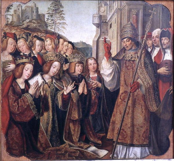 Der Papst segnet St. Auta, St. Ursula und Prinz Etherius, vom St. Auta Altar, ca. 1520 von Master of the St. Auta Altarpiece