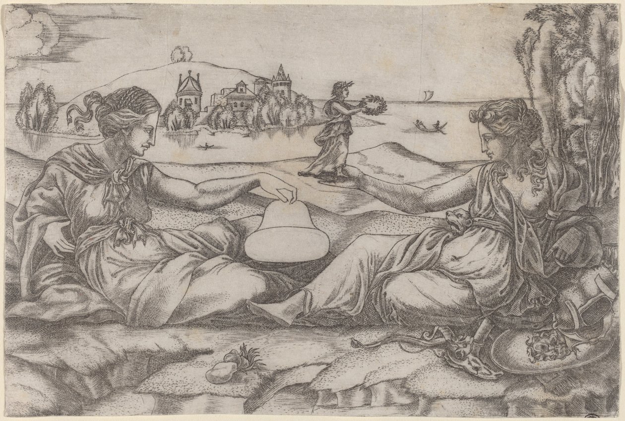 Zwei allegorische Figuren (Roma und Freiheit?) von Master IRs