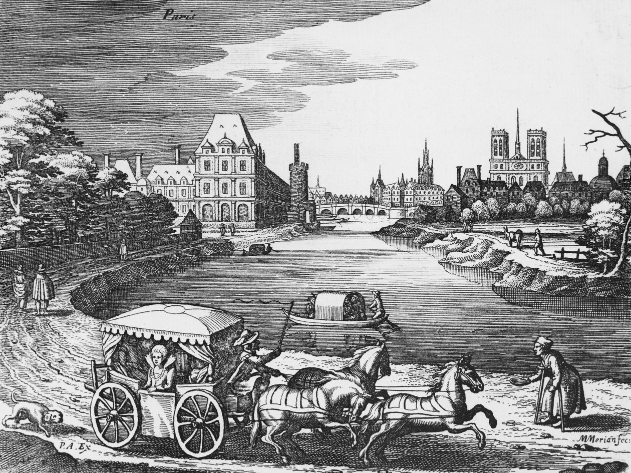Ansicht des Louvre und der Tuilerien mit einer Postkutsche im Vordergrund von Mattaus the Younger Merian