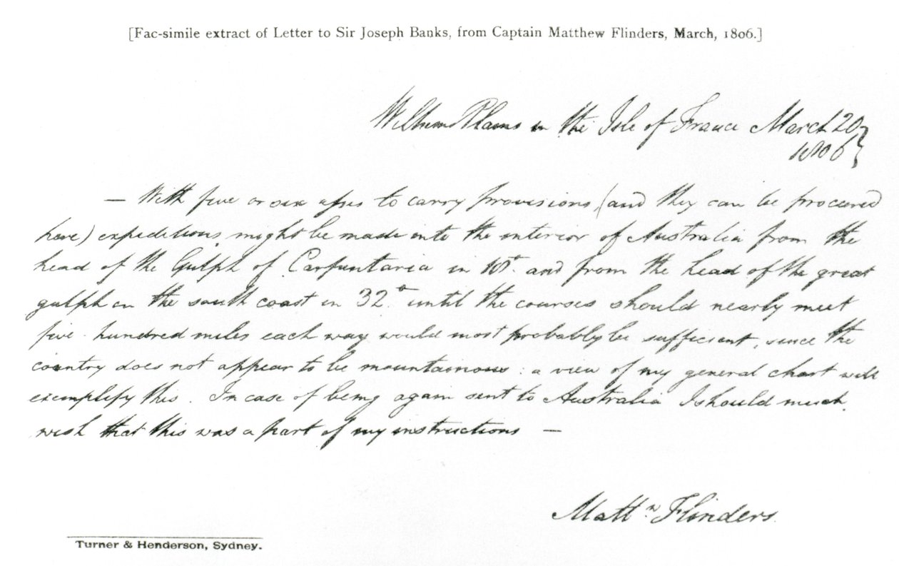 Faksimile eines Briefes an Sir Joseph Banks von Captain Matthew Flinders, datiert März 1806, aus The History of Australian Exploration from 1788-1888, 1888 von Matthew Flinders