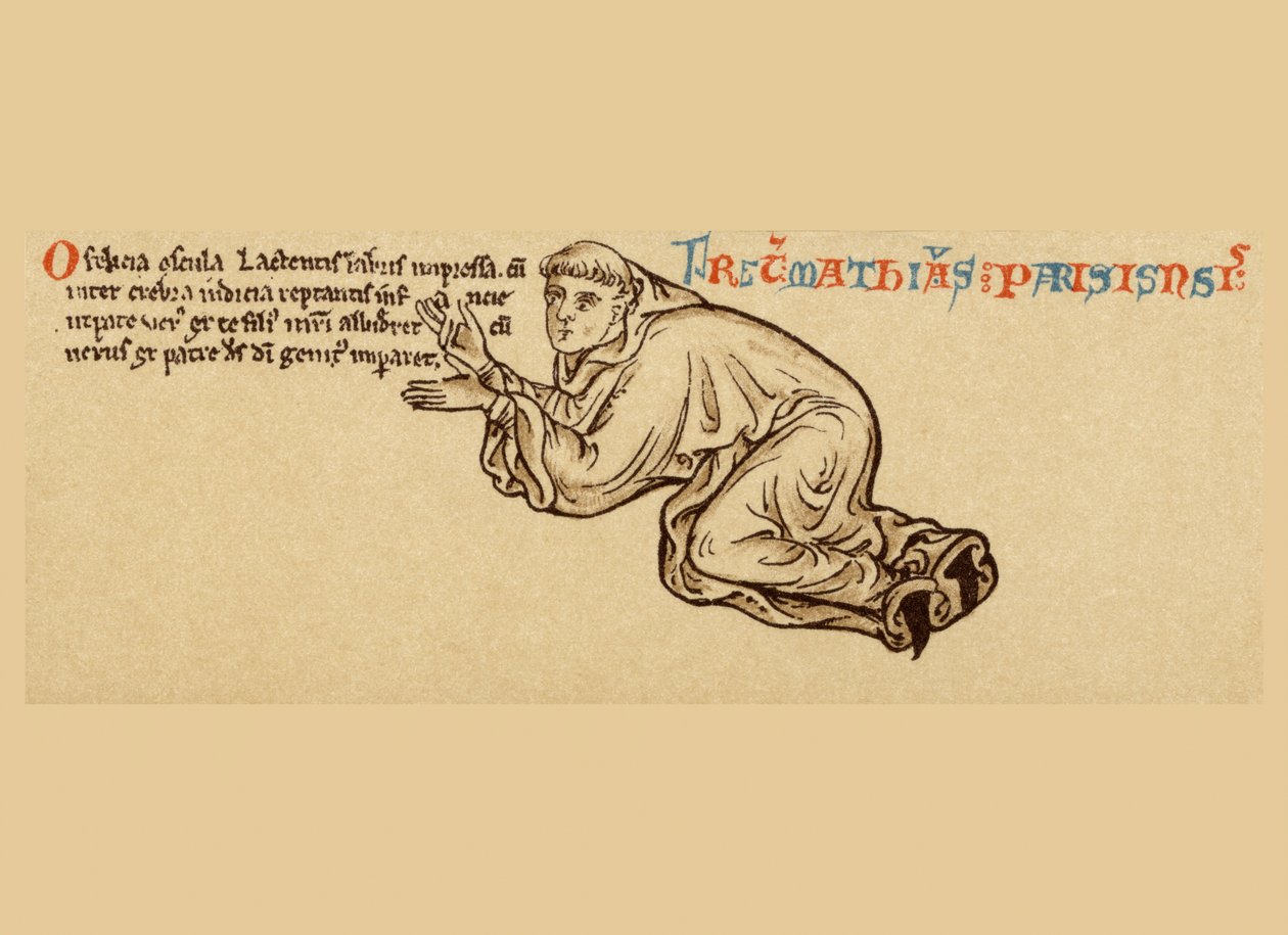 Selbstporträt kniend zu Füßen der Jungfrau und des Kindes (Detail) von Matthew Paris