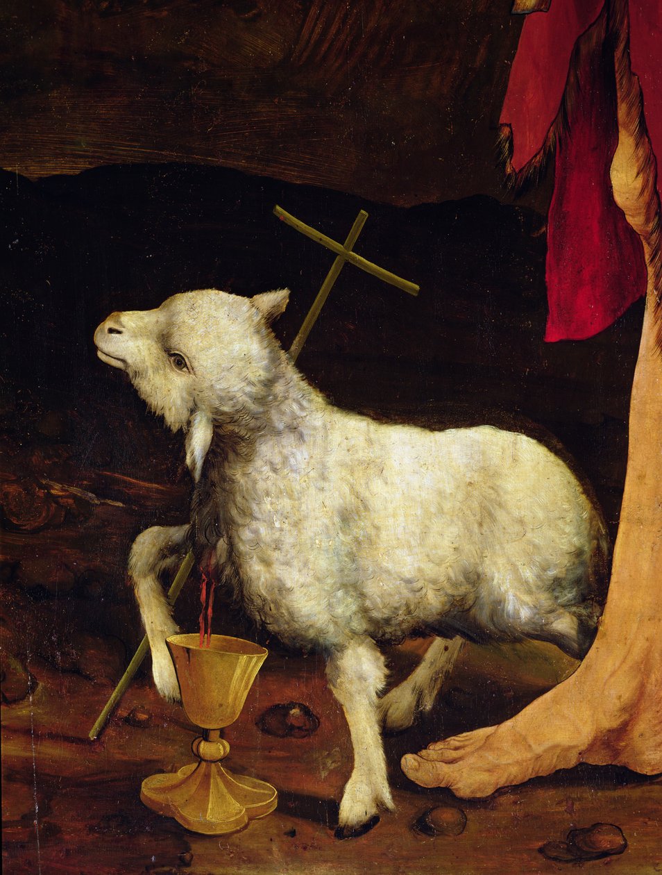 Isenheimer Altar (Detail) der Kreuzigung (Detail) eines Lammes von Matthias Grünewald