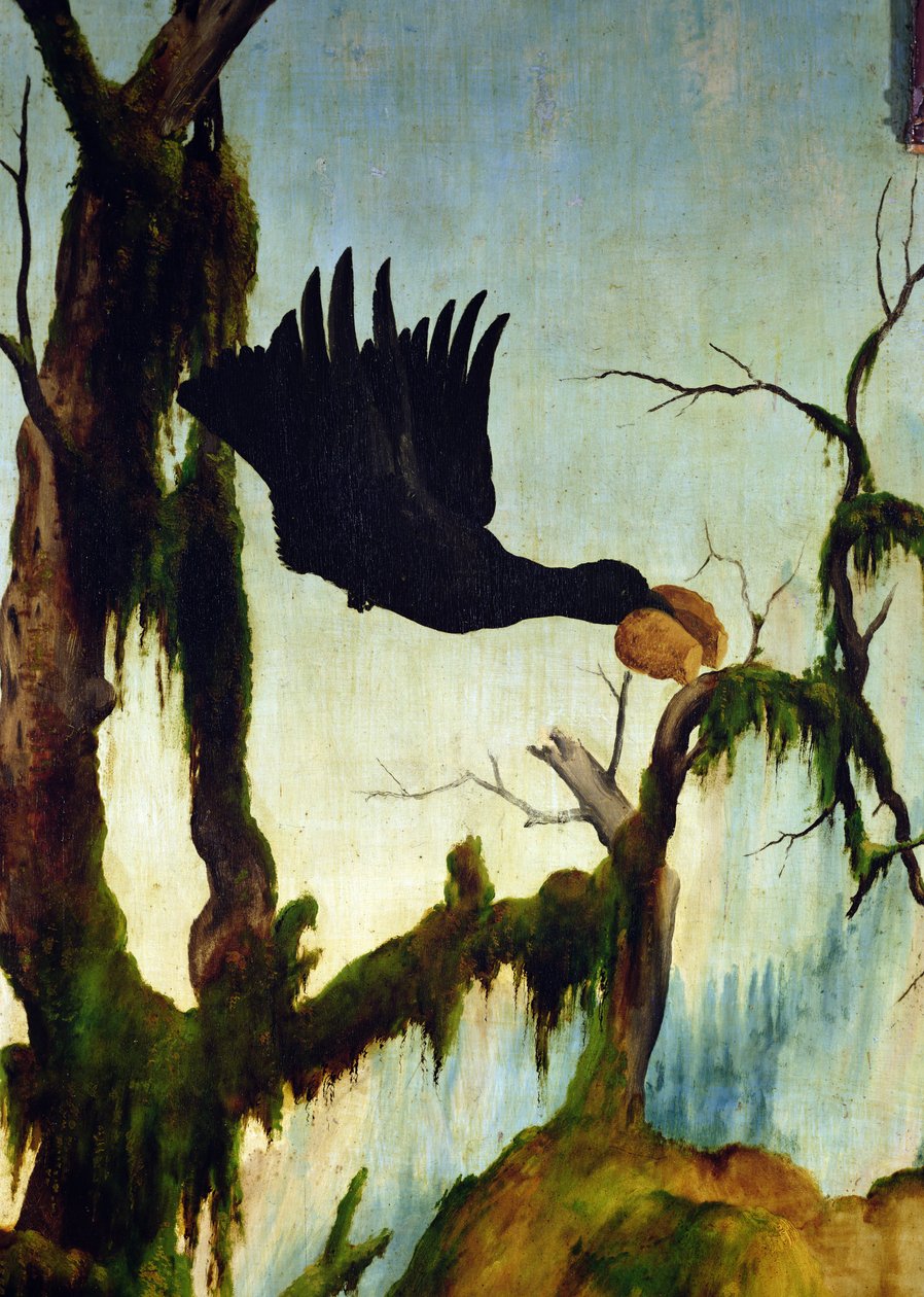 Isenheimer Altar (Detail) einer Krähe, die ein Stück Brot trägt von Matthias Grünewald