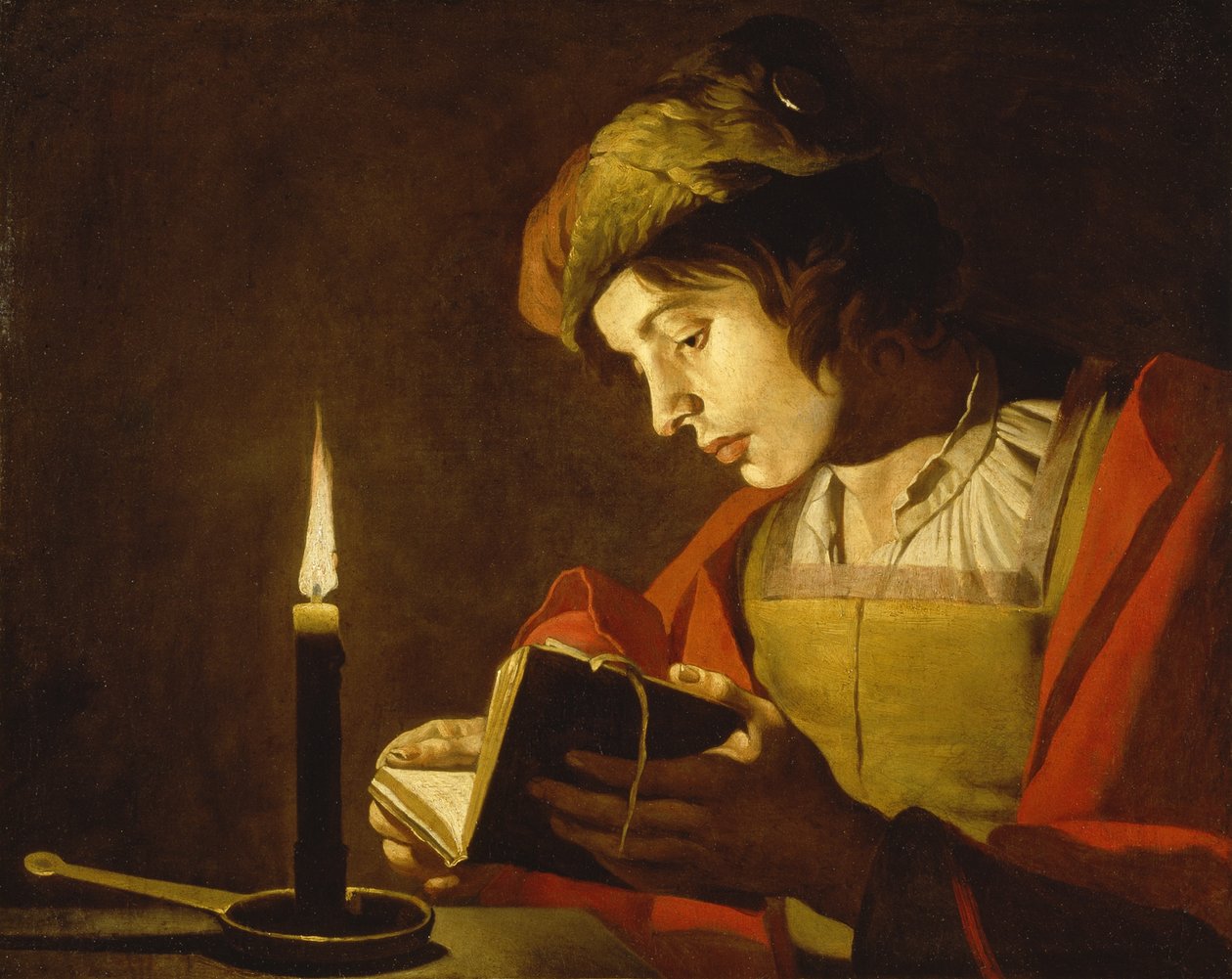 Junger Mann liest bei Kerzenlicht, um 1630 von Matthias Stomer