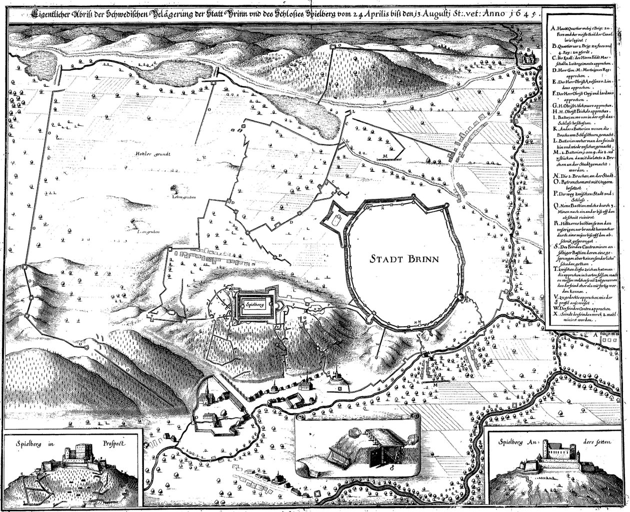 Plan der Stadt Brünn im Jahr 1645, also während der Belagerung durch die Schweden, von Merian von Matthaus Merian