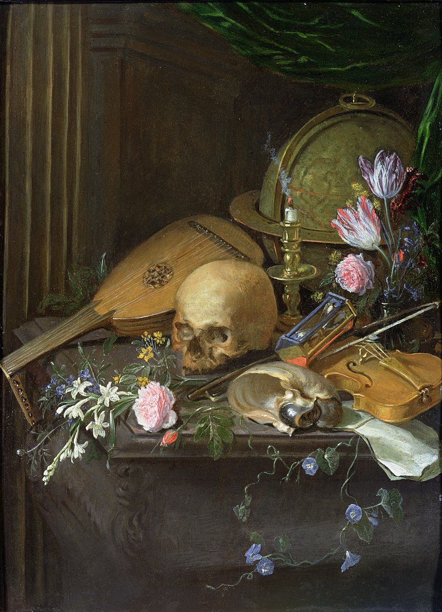 Ein Vanitas-Stillleben mit einem Nautilus und einer Laute von Matthys Naiveu
