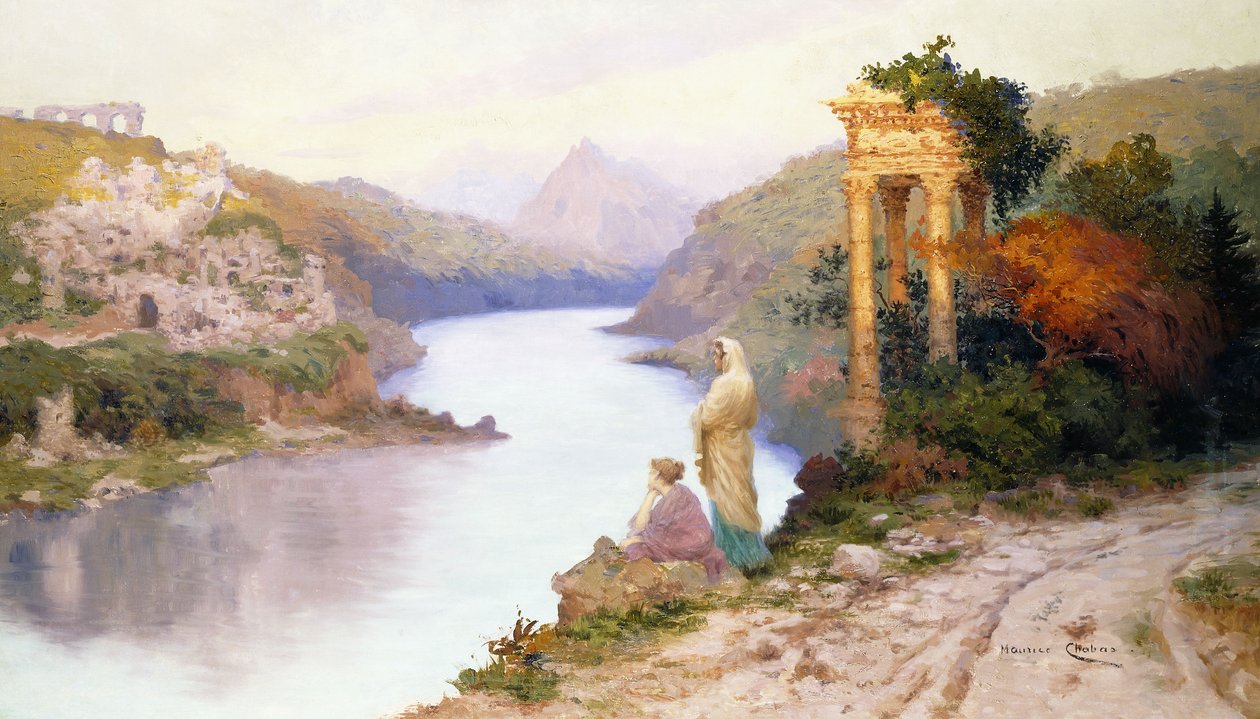 Figuren an einem Fluss mit klassischen Ruinen von Maurice Chabas