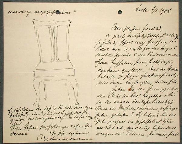Künstlernotizen und Skizze eines Stuhls von Max Liebermann