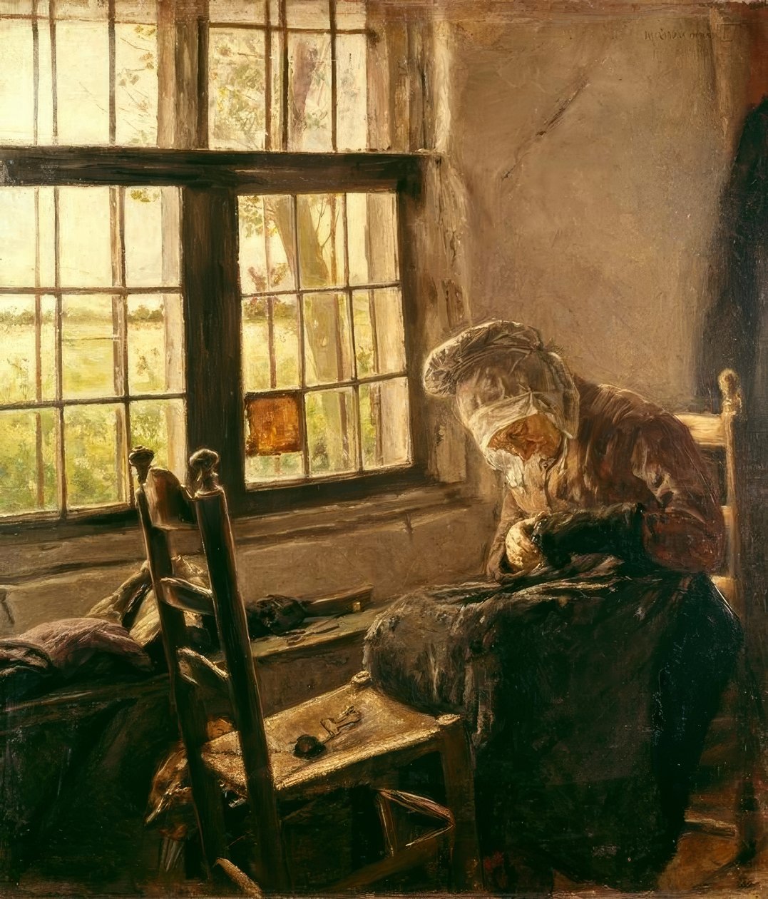 Stopfende alte Frau am Fenster von Max Liebermann