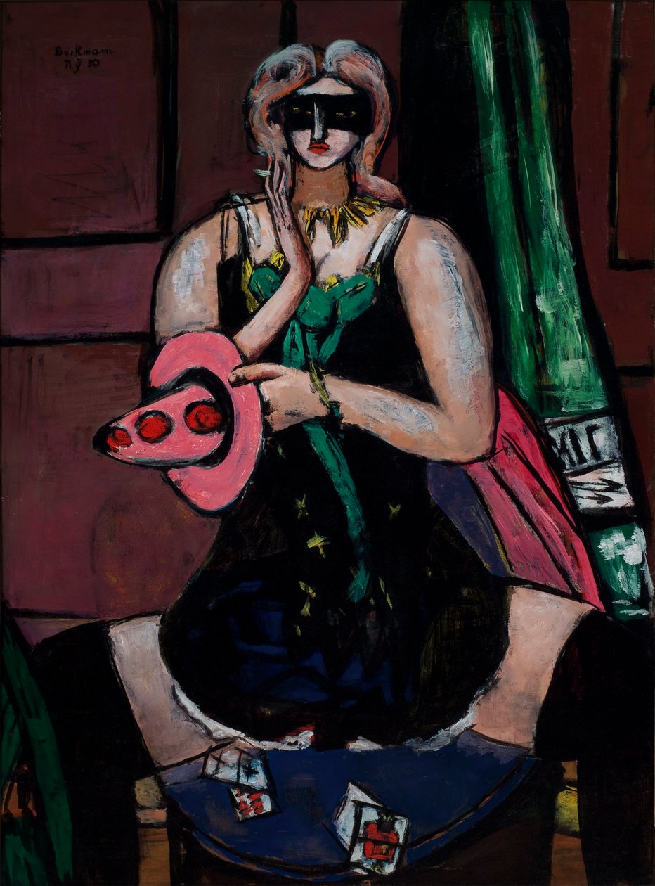 Karnevalsmaske, Grün, Violett und Pink (Columbine) von Max Beckmann