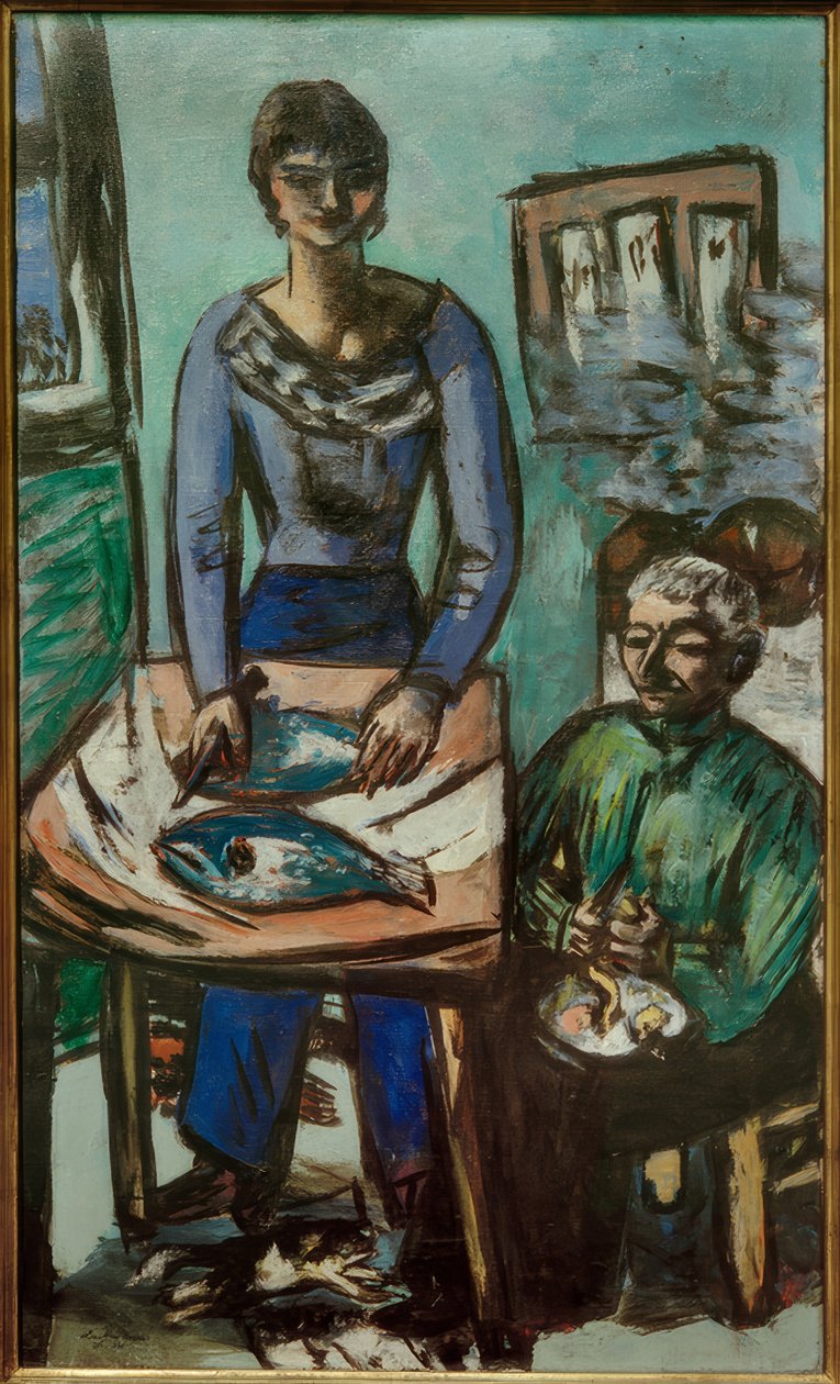 Die Küche (Quappi mit Fischen) von Max Beckmann