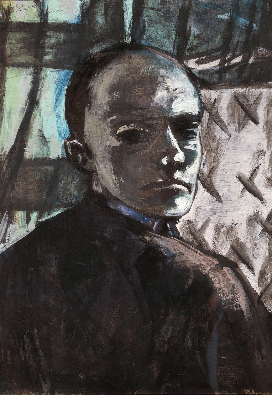 Selbstporträt mit grünem Vorhang von Max Beckmann