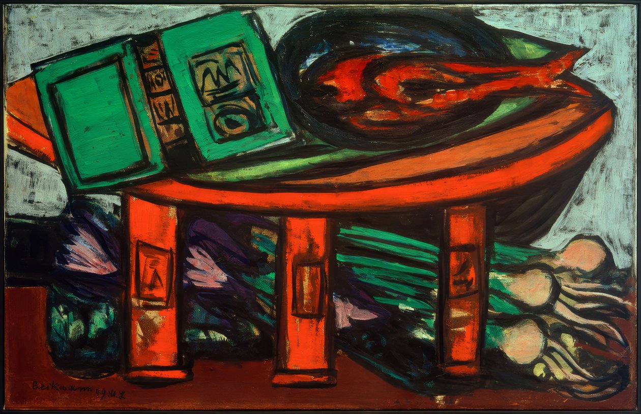 Stillleben mit grünem Buch und Rettichen von Max Beckmann