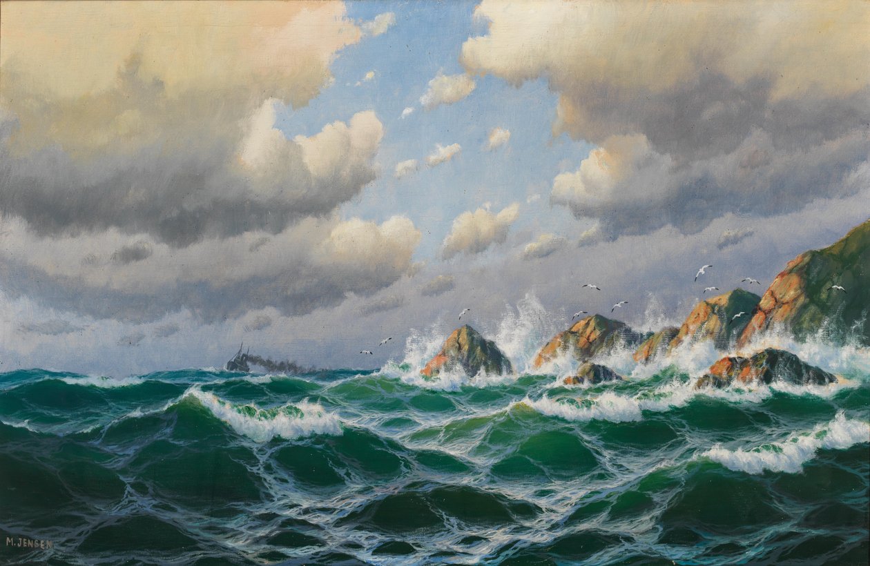 Dampfer vor stürmischer Küste von Max Jensen
