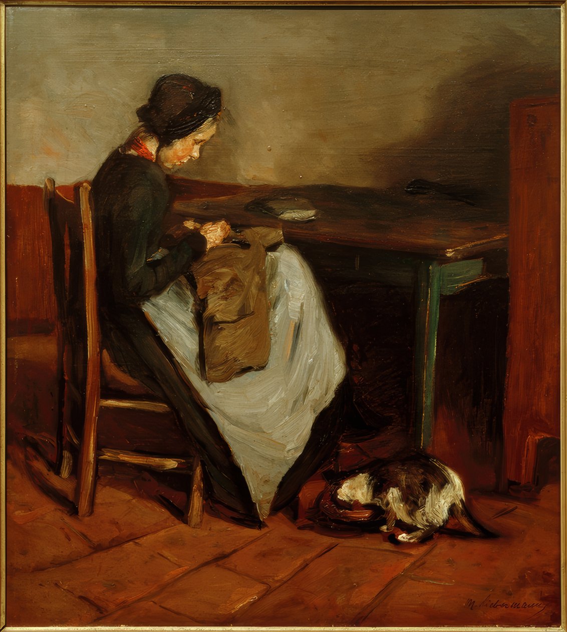 Nähendes Mädchen mit Katze - Holländisches Interieur von Max Liebermann