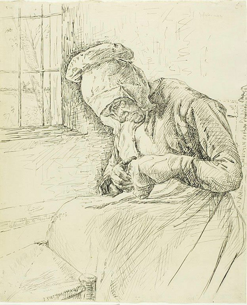 Alte Frau, die am Fenster flickt von Max Liebermann