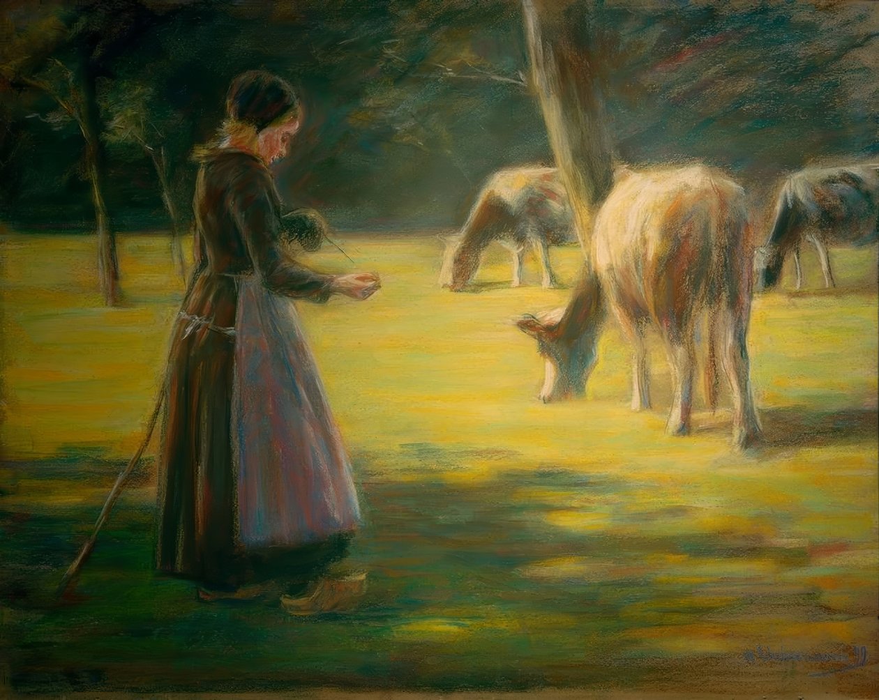 Spinnende Kuhhirtin auf der Weide – Im Sonnenschein von Max Liebermann