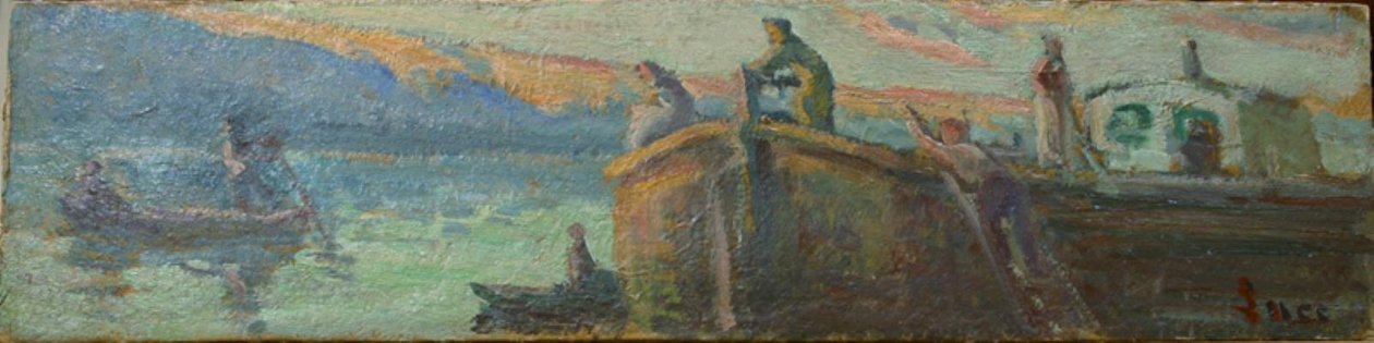 Flusslandschaft mit Kahn und Booten von Maximilien Luce