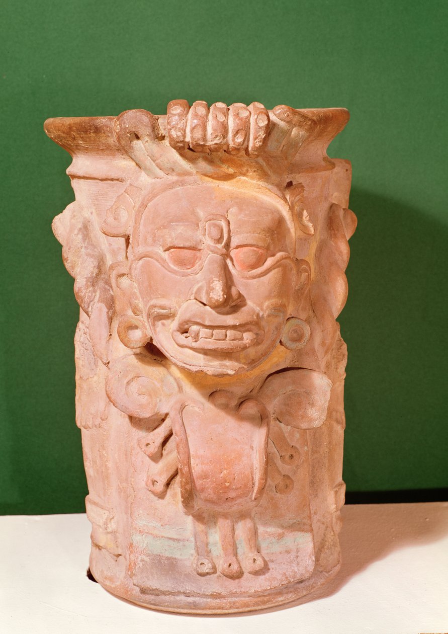 Zylindrische Vase mit dem Kopf eines Sonnengottes, Klassische Periode, 7.-10. Jahrhundert von Mayan