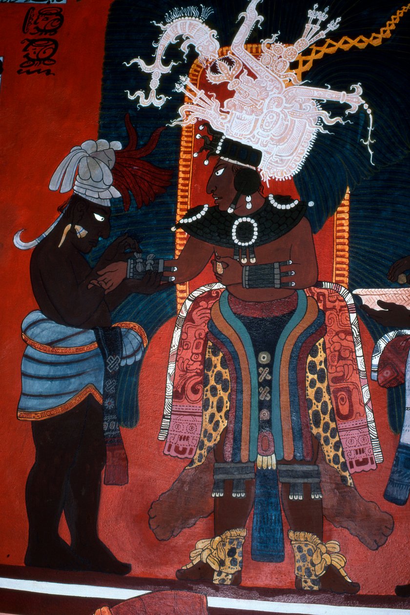 Reproduktion eines Wandgemäldes, das einen Diener zeigt, der einen Herrscher für eine Zeremonie anzieht, aus dem Tempel der Wandgemälde, Bonampak von Mayan