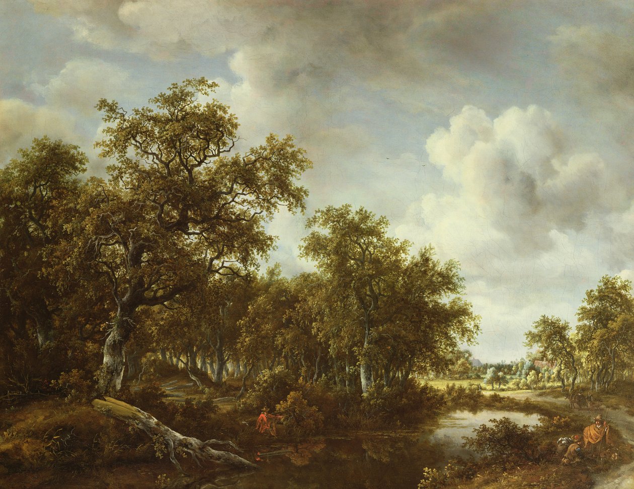 Bewaldete Landschaft mit einem Angler an einem Teich, 1664 von Meindert Hobbema