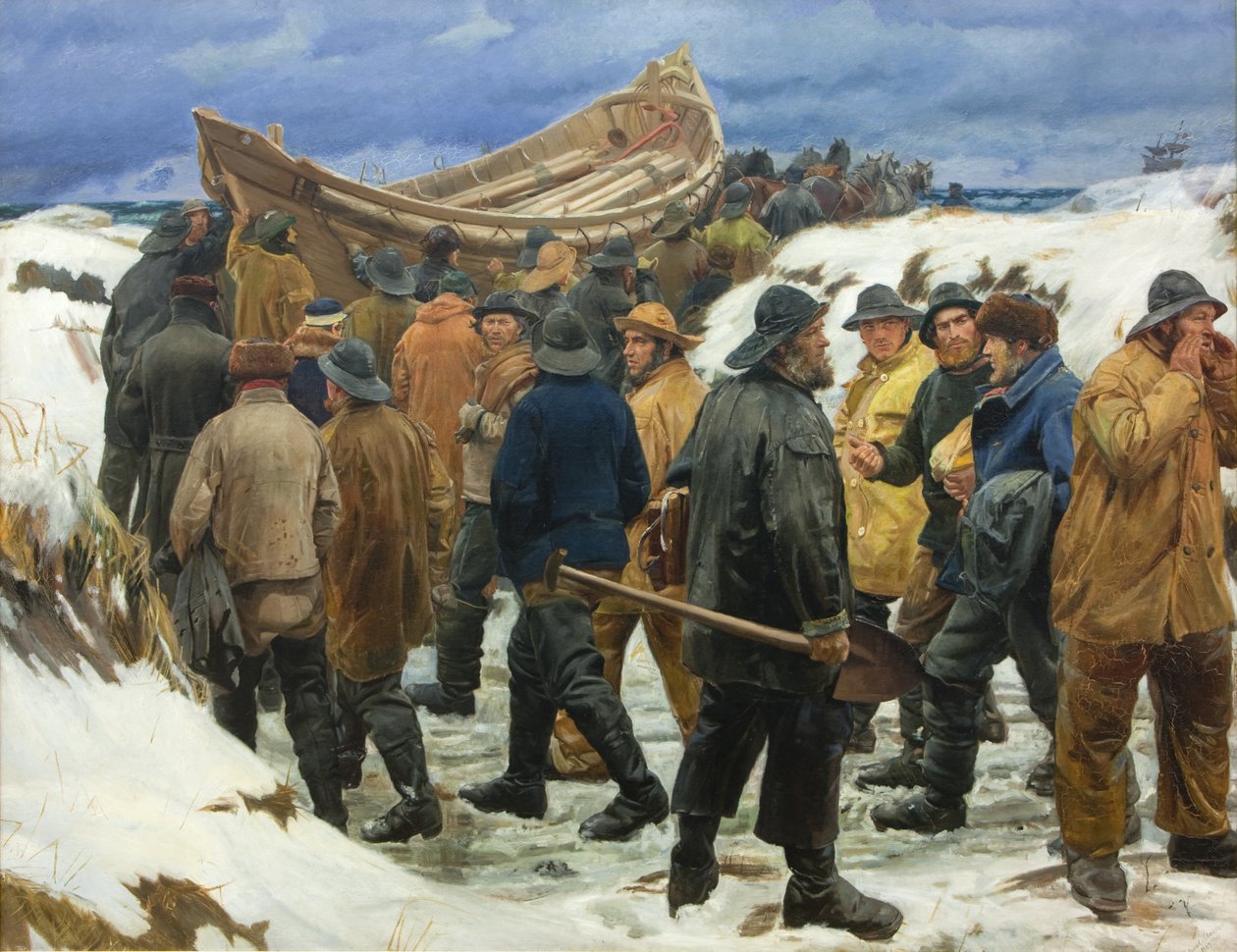Das Rettungsboot wird durch die Dünen gebracht von Michael Ancher