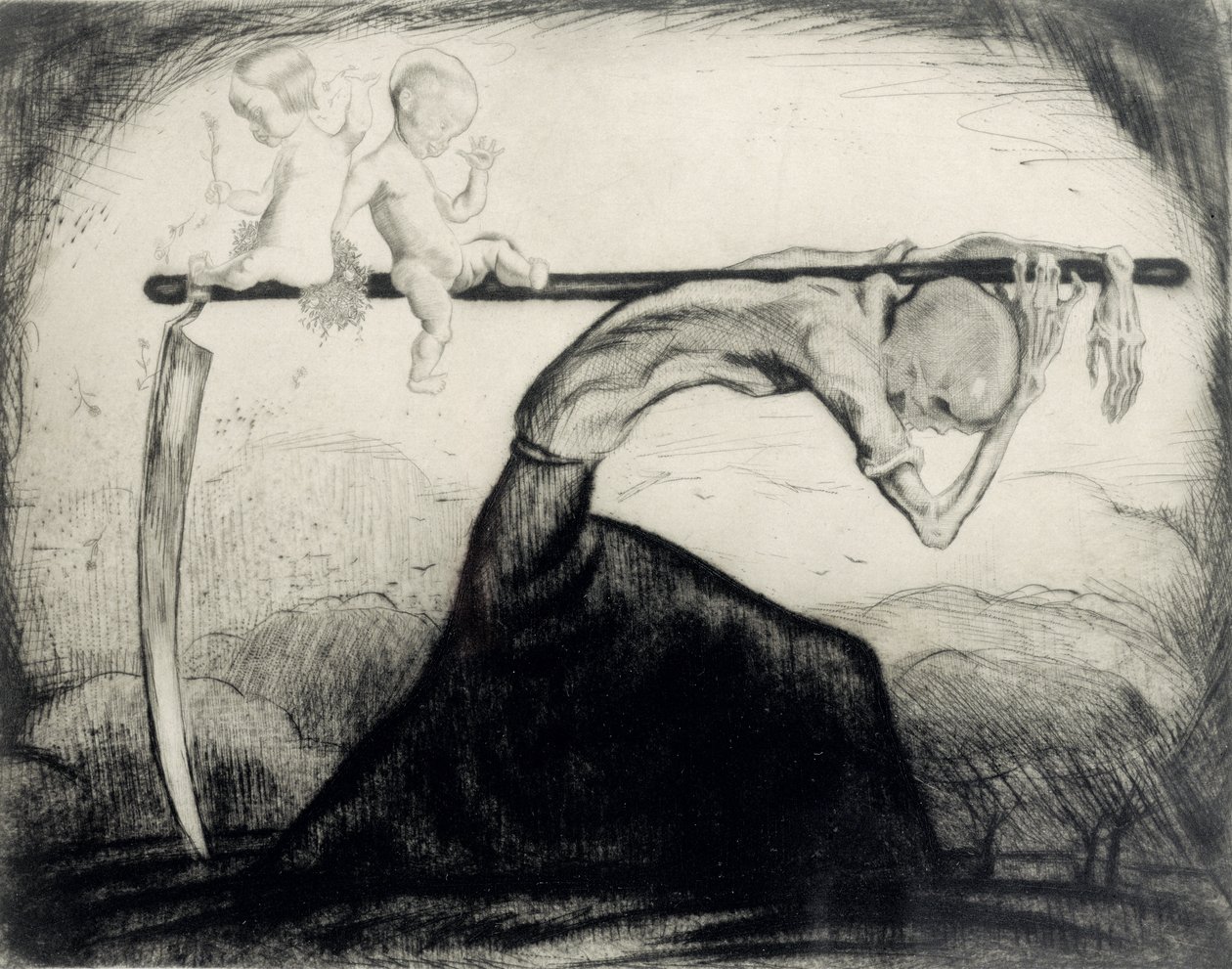 Tod mit zwei Kindern auf seiner Sense, 1915 (Radierung auf Papier) von Michel Fingesten