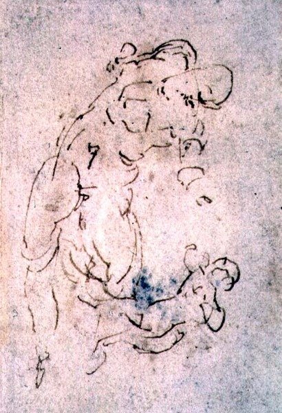 Skizze eines liegenden Mannes und Kindes (rote Kreide) von Michelangelo Buonarroti