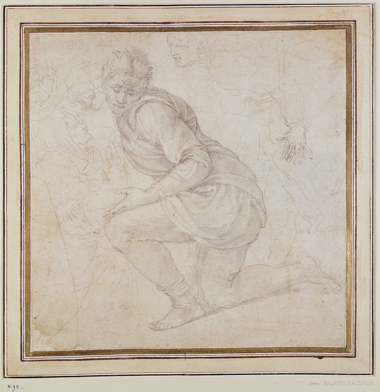 Inv. 5211-75 Fawkener Recto (W.92) Kniender Mann (Zeichnung) von Michelangelo Buonarroti