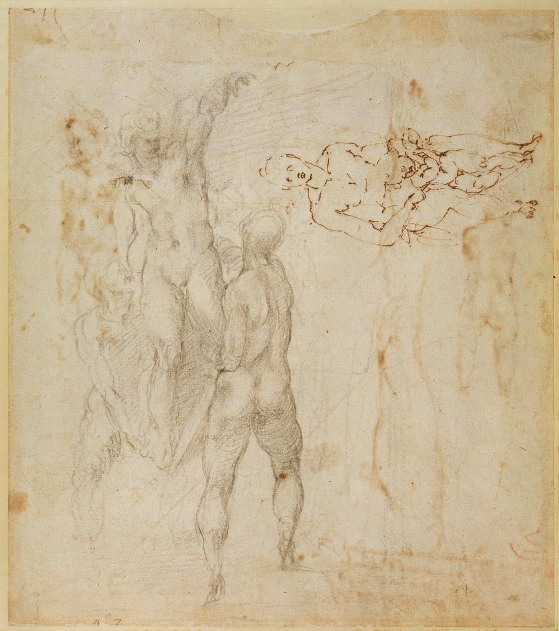 Männliche Gruppe und sitzende Figur mit Kind von Michelangelo Buonarroti